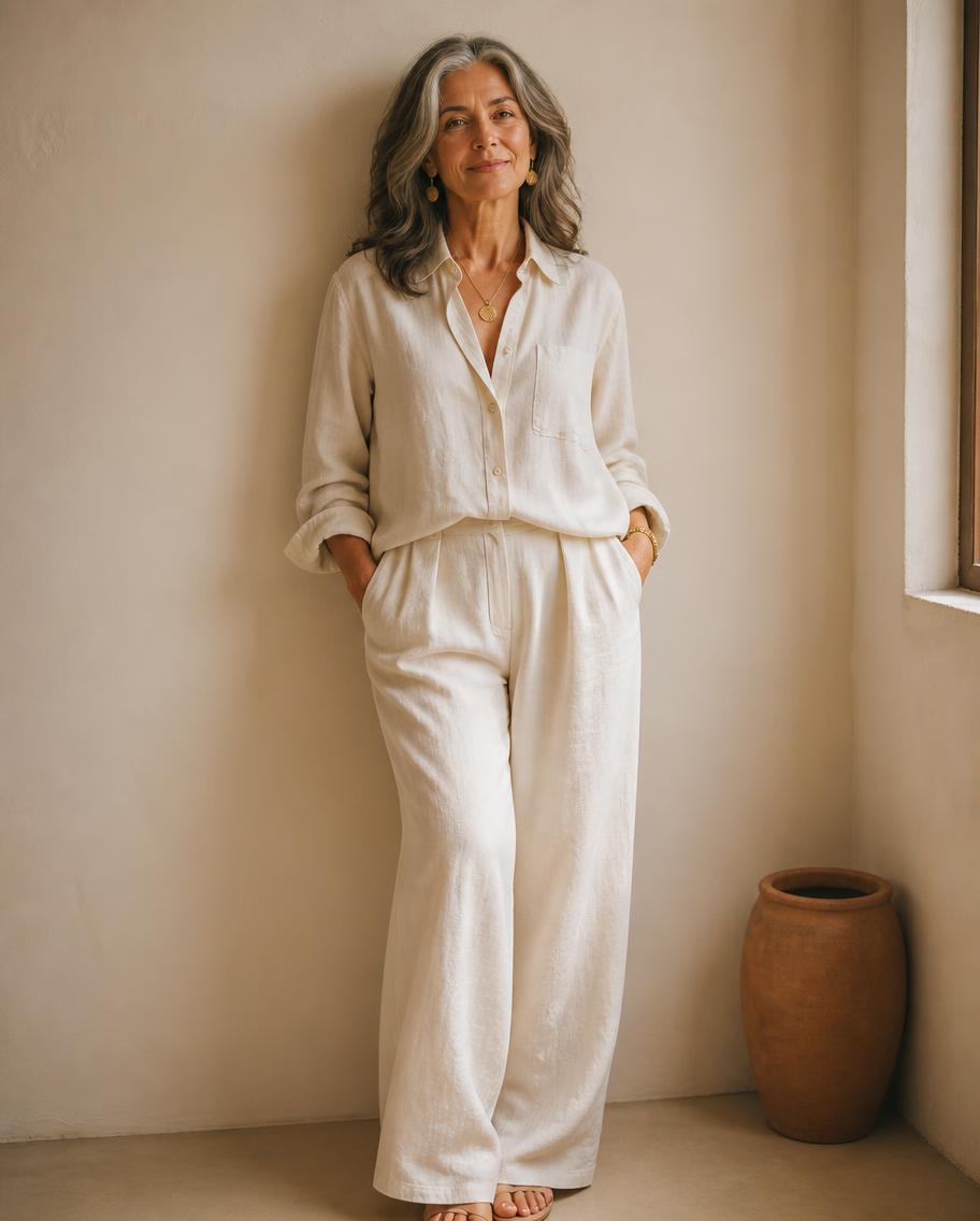 Mulher de 50 e poucos anos com look de linho confortável e elegante